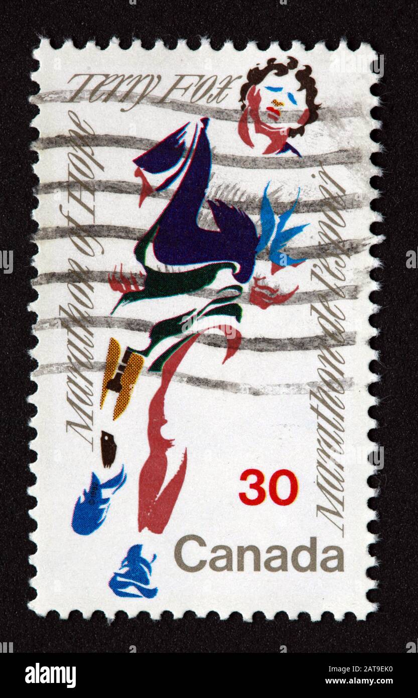 Canadian Stamp, Canada Stamp, Canada Post,used stamp, Canada, 30c,30cent, Terry Fox, Marathon of hope,running,runner Stock Photo