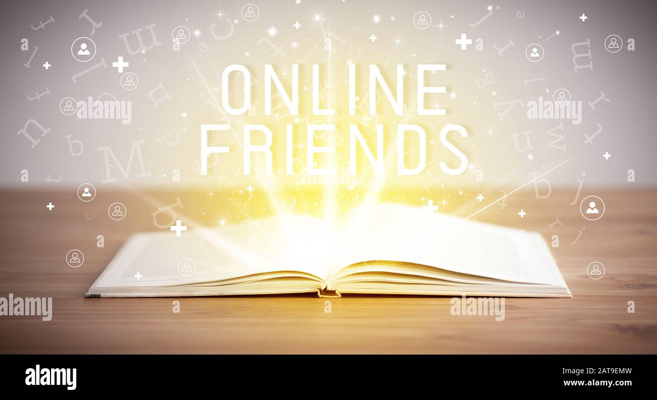 Open book with ONLINE FRIENDS inscription, social media concept Stock ...