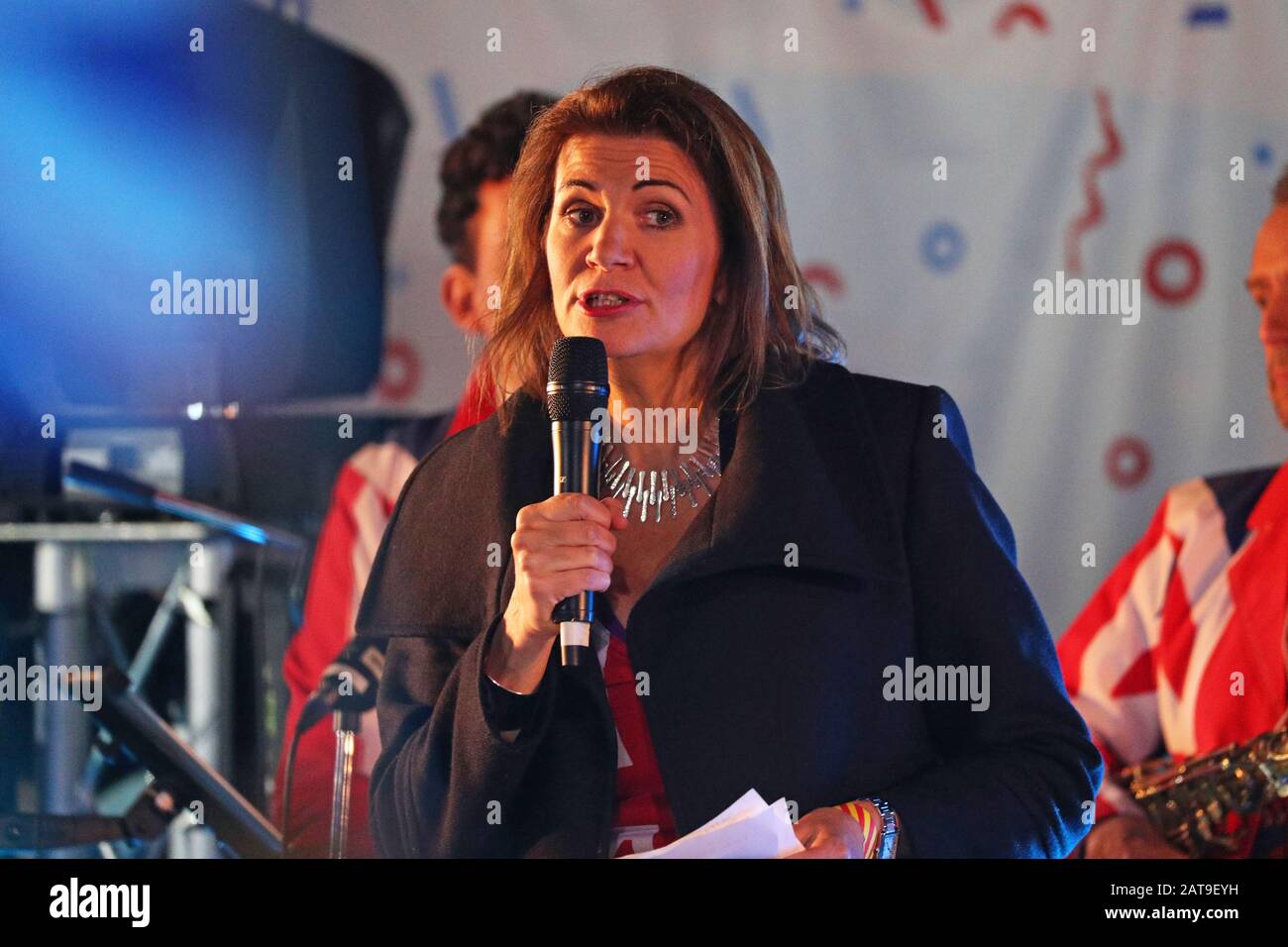 Julia Hartley-Brewer speaks to pro-Brexit supporters in Parliament Square, London, as the UK prepares to leave the European Union, ending 47 years of close and sometimes uncomfortable ties to Brussels. Stock Photo