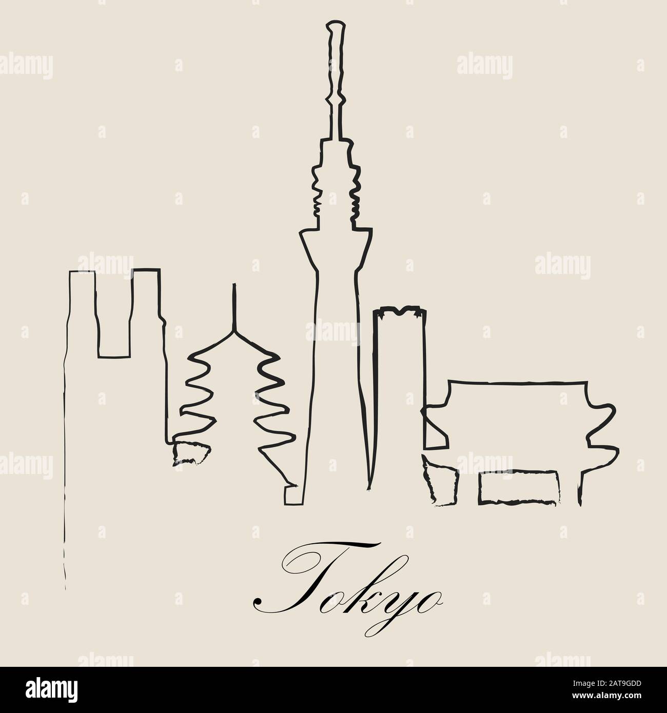 Calligraphic Skyline  of  Tokyo   - Vector Illustration Stock Vector