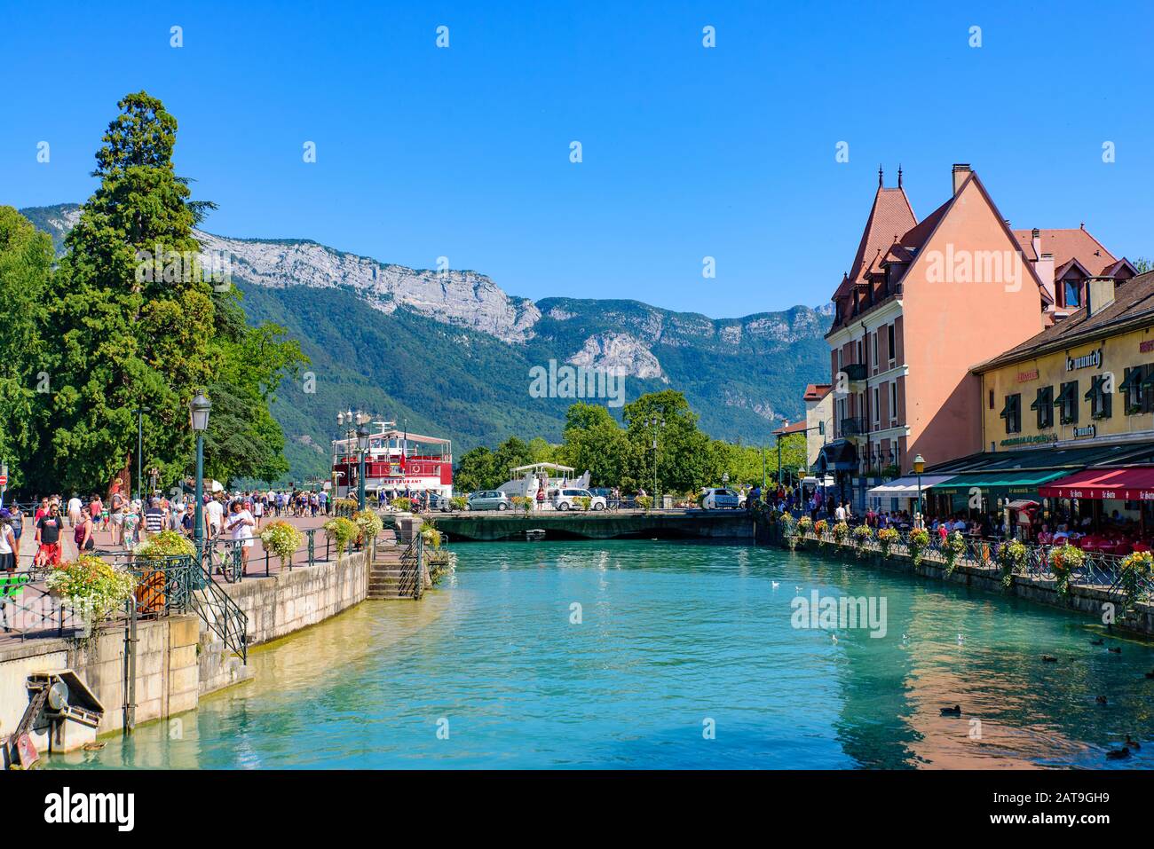 View of Thiou river and the old city of Annecy, the largest city of Haute-Savoie department in France Stock Photo