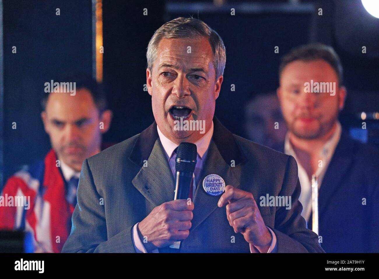 Nigel Farage speaks to pro-Brexit supporters in Parliament Square, London, after the UK left the European Union, ending 47 years of close and sometimes uncomfortable ties to Brussels. Stock Photo