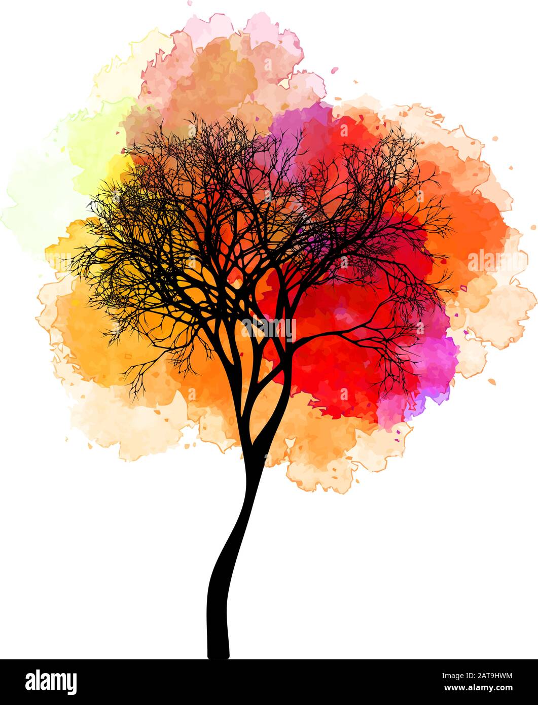 Vector Watercolor Red and Orange Tree Illustration Stock Vector