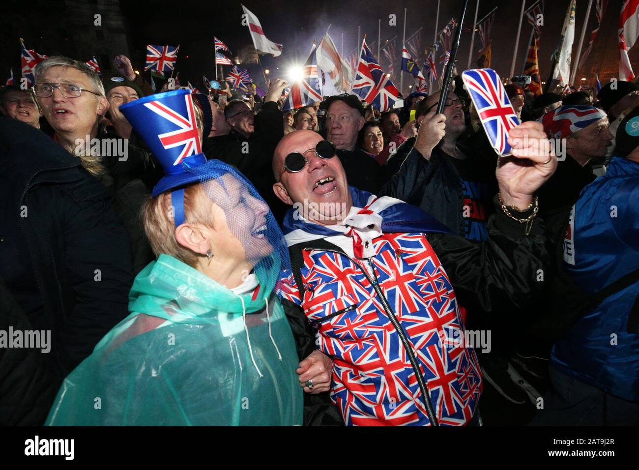 Pro-Brexit supporters in Parliament Square, London, as the UK prepares to leave the European Union, ending 47 years of close and sometimes uncomfortable ties to Brussels. Stock Photo