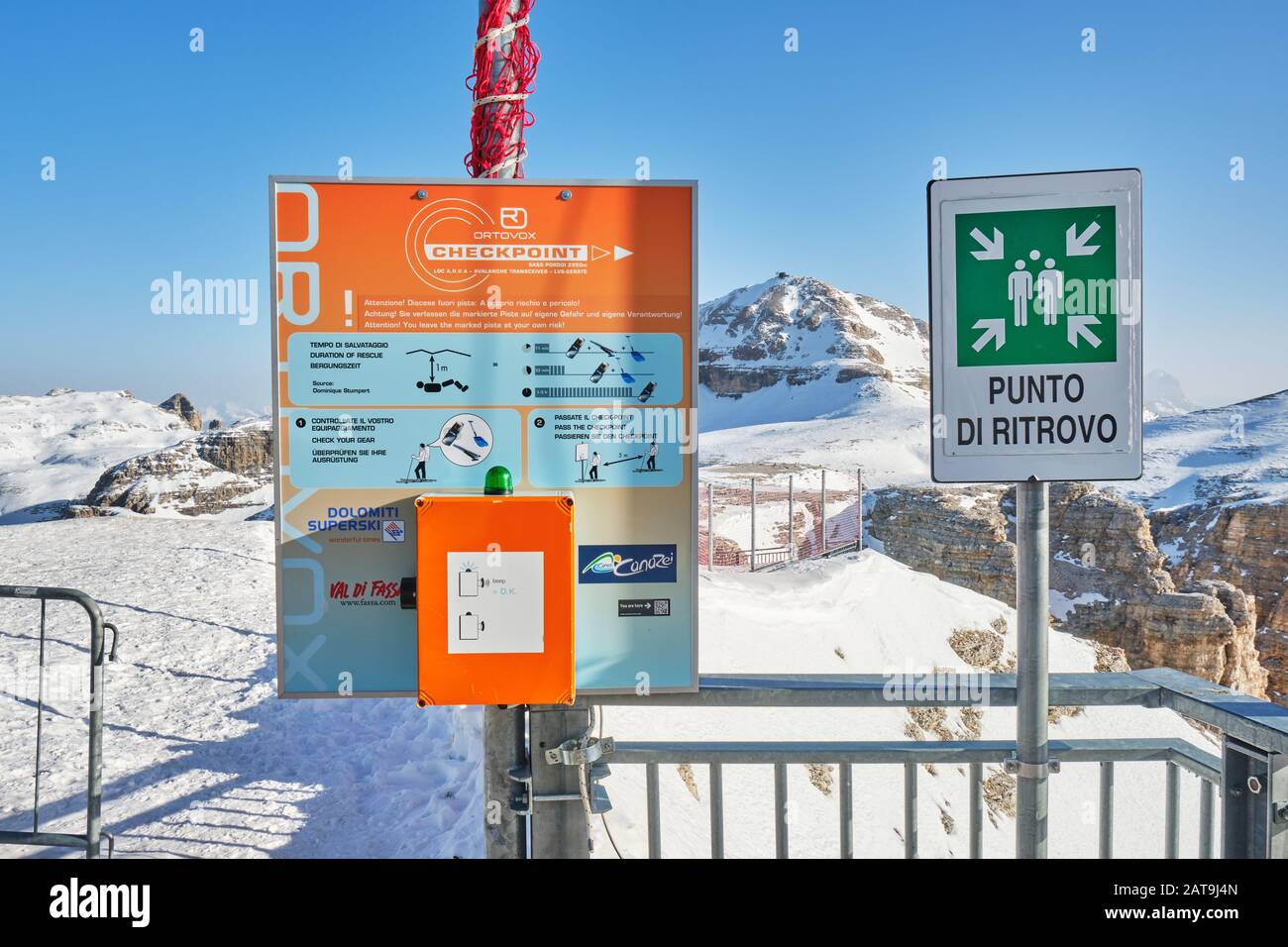Dolomites, Italy - January 24, 2020: Ortovox check point for verifying avalanche beacons at the beginning of an off piste ski tour at Pordoi pass in D Stock Photo