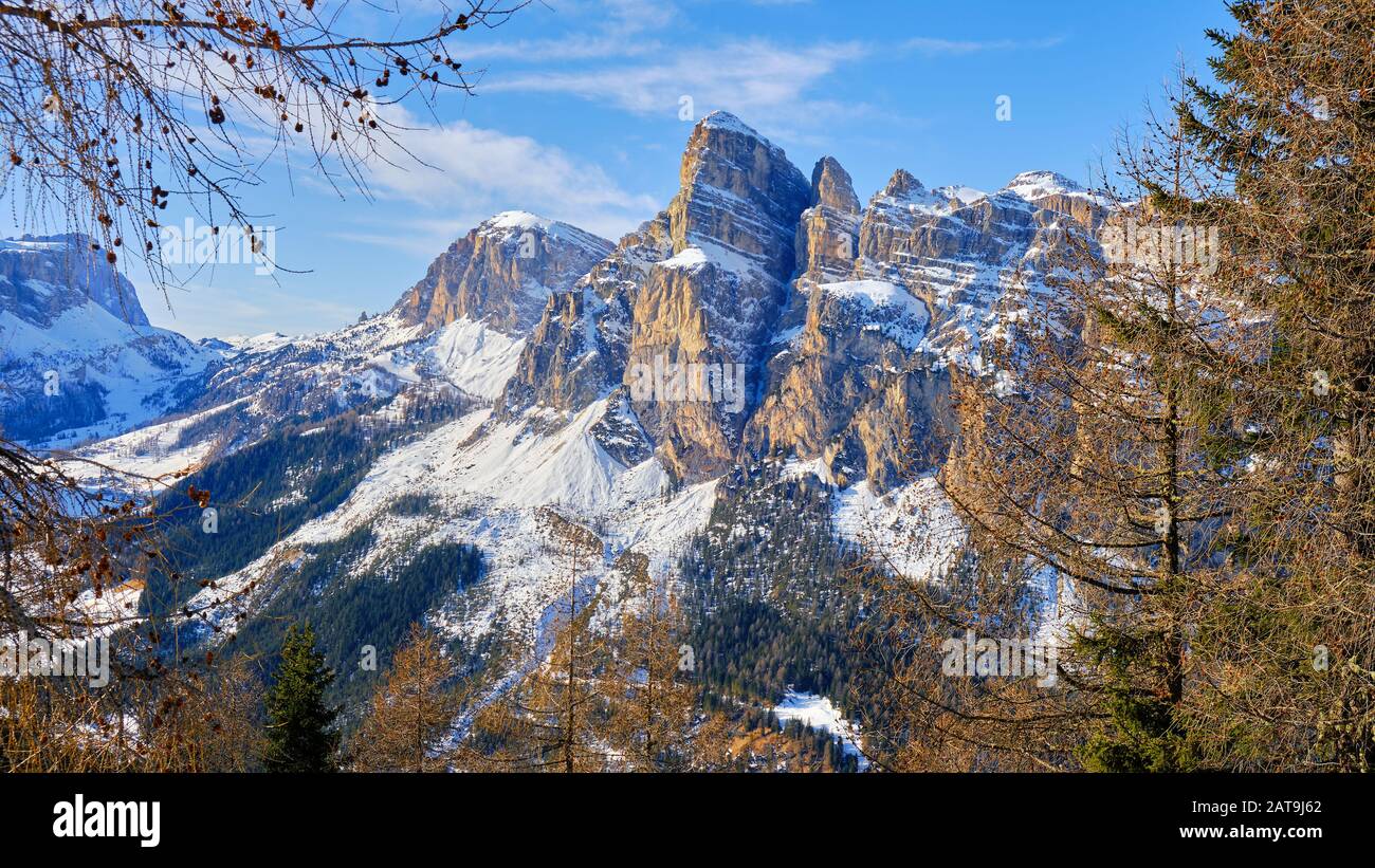 Sassongher peak in Puez-Geisler Nature Park - Winter view from the Sellaronda ski tour in Dolomites, South Tyrol, Italy. Stock Photo