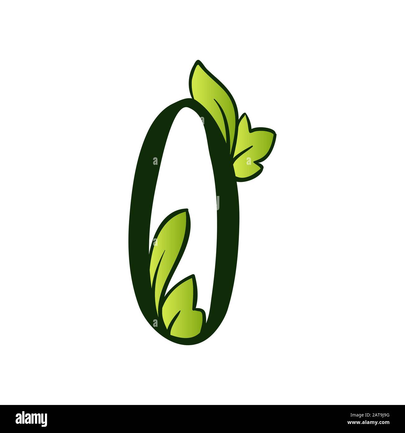 Green Doodling Eco Alphabet Zero Number Sign.Type with Leaves. Isolated Latin Uppercase. Typography Bold Spring Letter or Doodle abc Characters for Monogram Words and Logo. Stock Vector