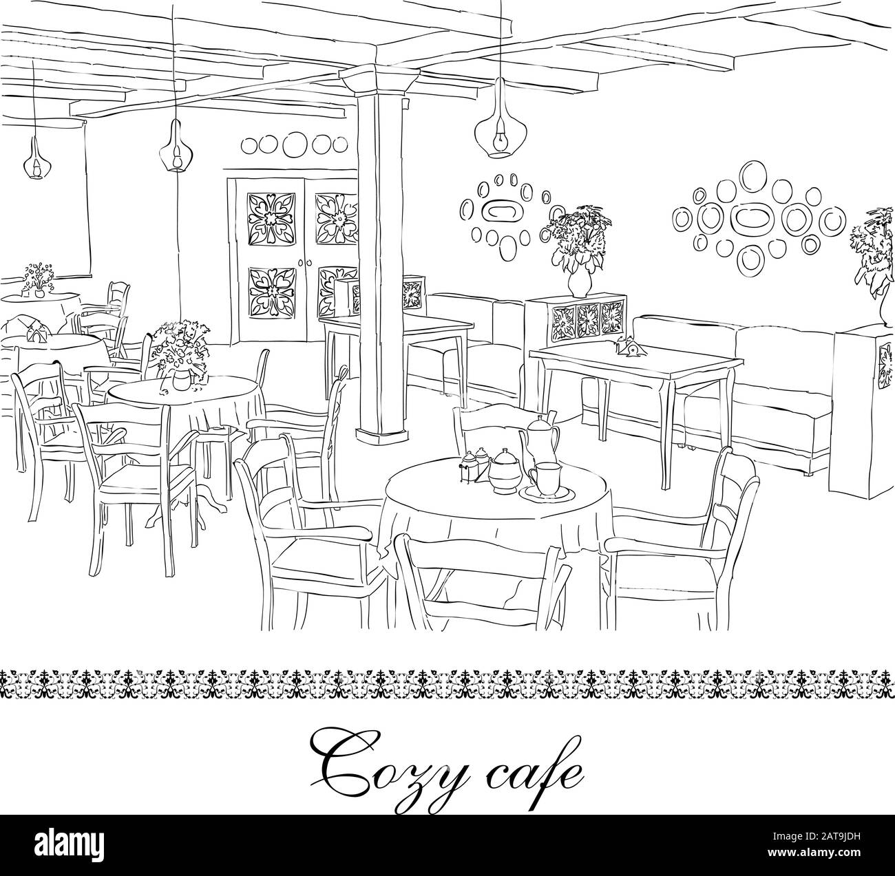 Cafe Interior Drawn Sketch Vector Illustration Stock Vector Image
