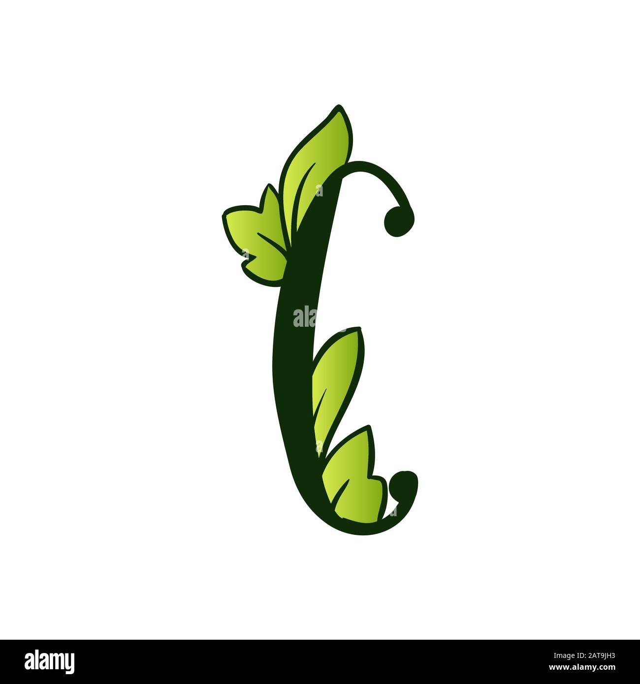Green Doodling Eco Alphabet Letter C.Type with Leaves. Isolated Latin Uppercase. Typography Bold Spring Letter or Doodle abc Characters for Monogram Words and Logo. Stock Vector