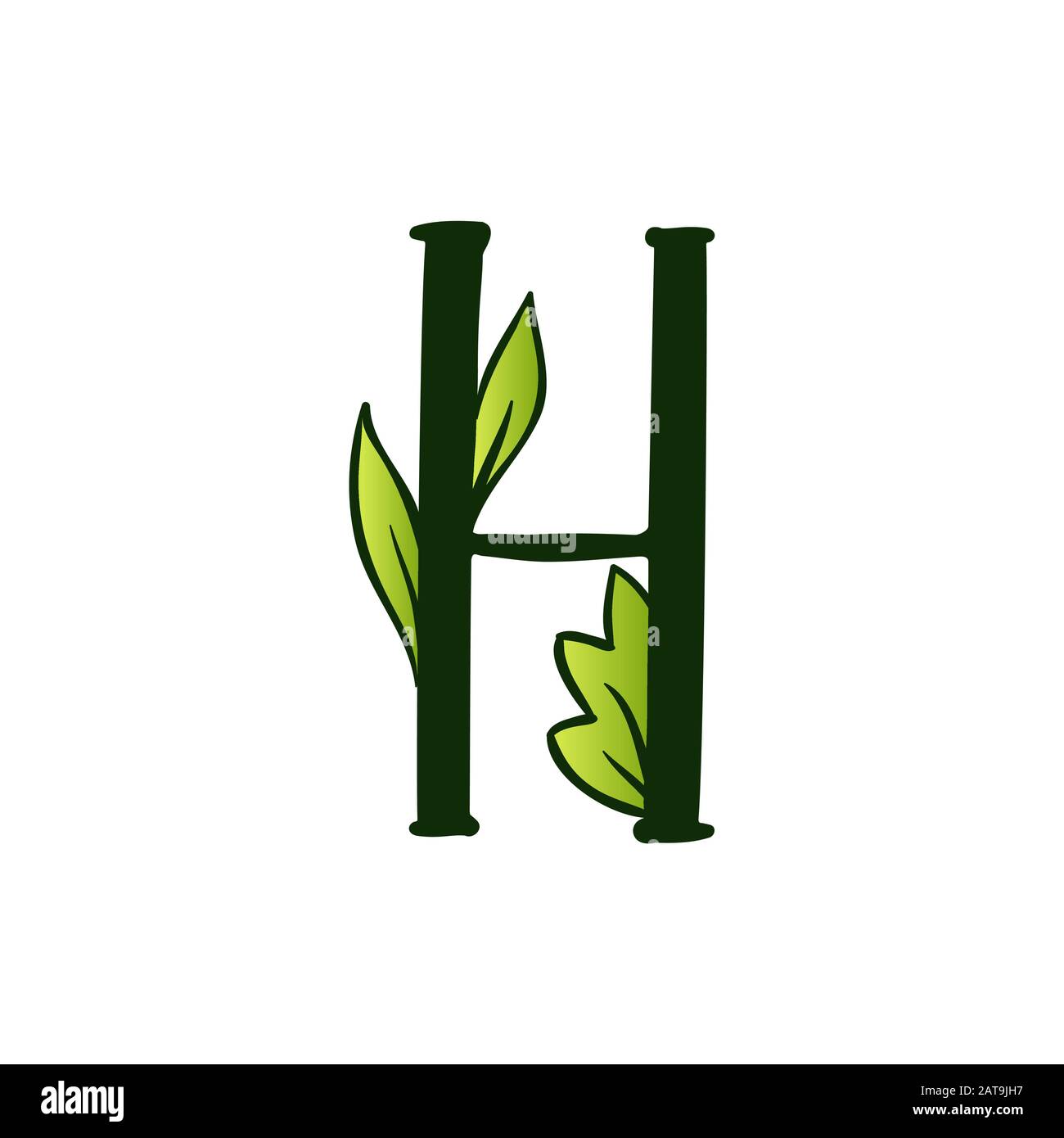 Green Doodling Eco Alphabet Letter H.Type with Leaves. Isolated Latin Uppercase. Typography Bold Spring Letter or Doodle abc Characters for Monogram Words and Logo. Stock Vector
