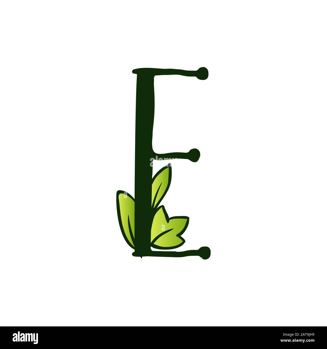 Green Doodling Eco Alphabet Letter E.Type with Leaves. Isolated Latin Uppercase. Typography Bold Spring Letter or Doodle abc Characters for Monogram Words and Logo. Stock Vector