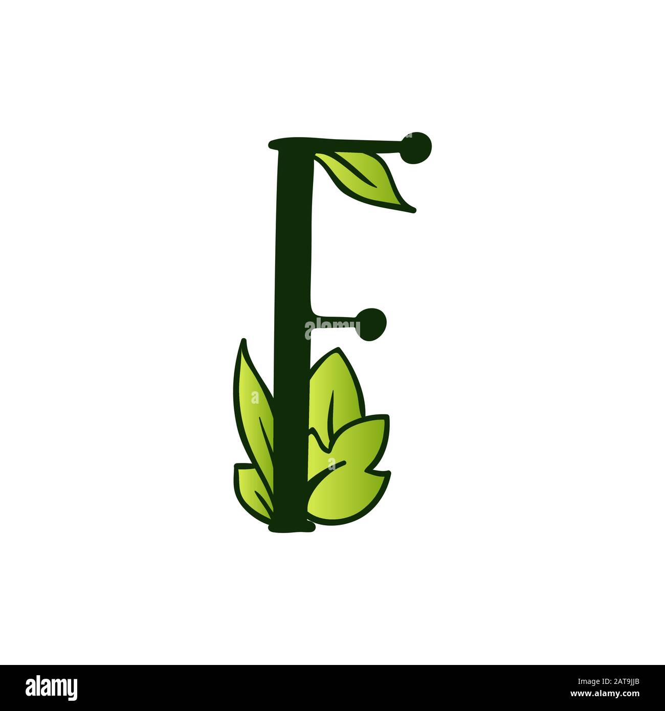 Green Doodling Eco Alphabet Letter F Type With Leaves Isolated Latin 