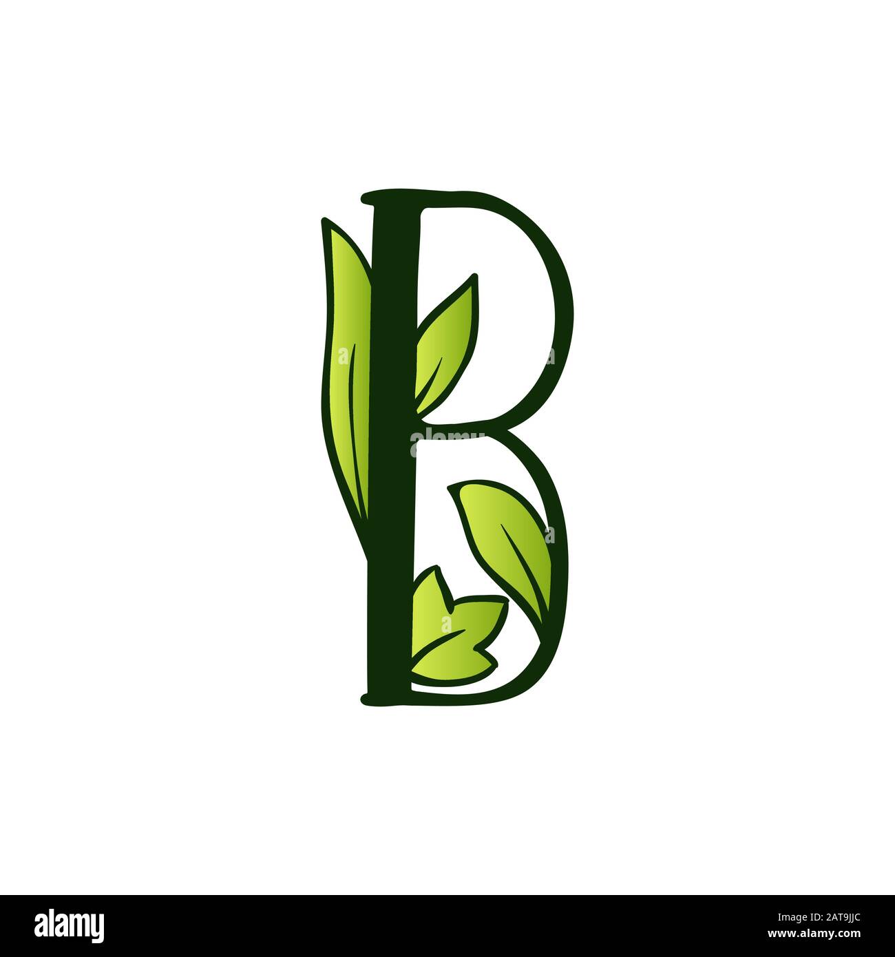Green Doodling Eco Alphabet Letter B.Type with Leaves. Isolated Latin Uppercase. Typography Bold Spring Letter or Doodle abc Characters for Monogram Words and Logo. Stock Vector