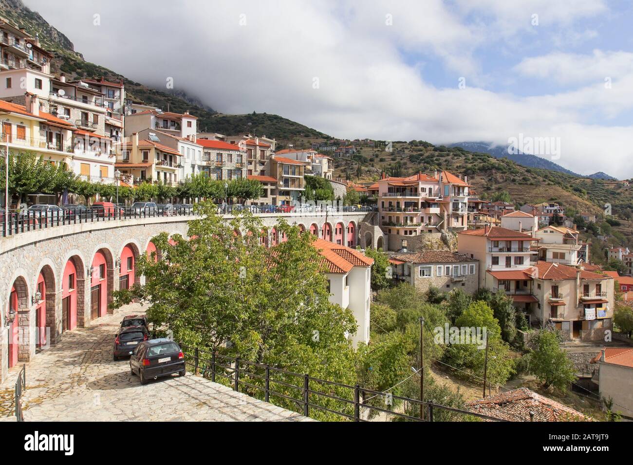 Scenic view of the picturesque village of Arachova at the foot of Mount Parnassos in Viotia, near Delphi, Greece. Stock Photo