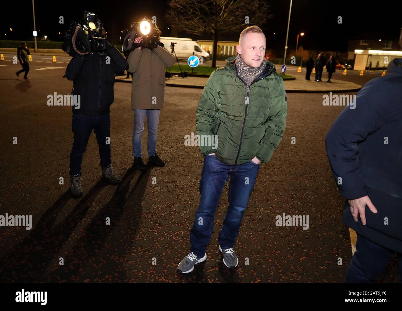 Loyalist Jamie Bryson joins celebrations outside Stormont in Belfast, as the UK prepares to leave the European Union, ending 47 years of close and sometimes uncomfortable ties to Brussels. Picture date: Friday January 31, 2020. See PA story POLITICS Brexit. Photo credit should read: Brian Lawless/PA Wire. Stock Photo