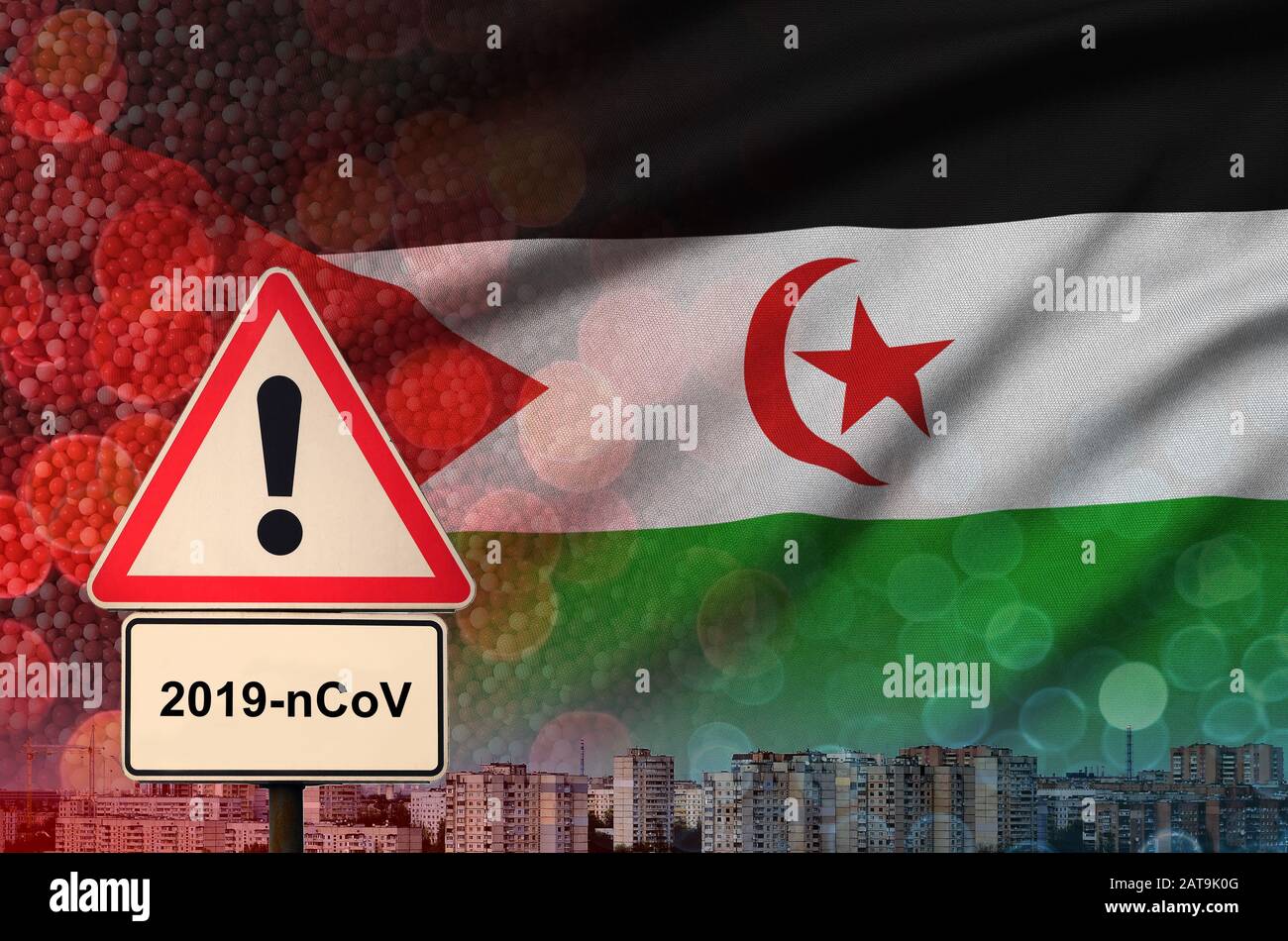 Western Sahara flag and Coronavirus 2019-nCoV alert sign. Concept of high probability of novel coronavirus outbreak through traveling Chinese tourists Stock Photo