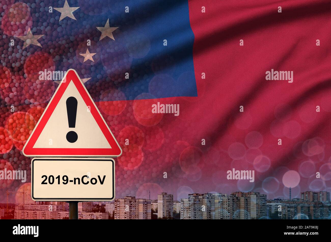 Samoa flag and Coronavirus 2019-nCoV alert sign. Concept of high probability of novel coronavirus outbreak through traveling Chinese tourists Stock Photo
