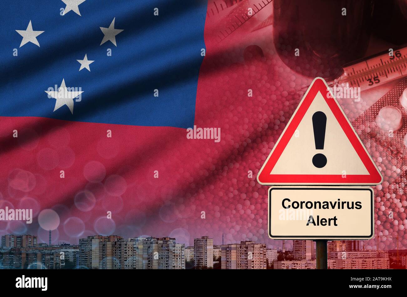 Samoa flag and Coronavirus 2019-nCoV alert sign. Concept of high probability of novel coronavirus outbreak through traveling Chinese tourists Stock Photo