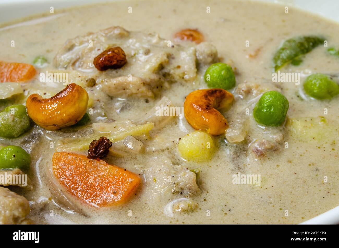Extreme Closeup of Chicken Stew Curry garnished with roasted cashew and raisins Stock Photo
