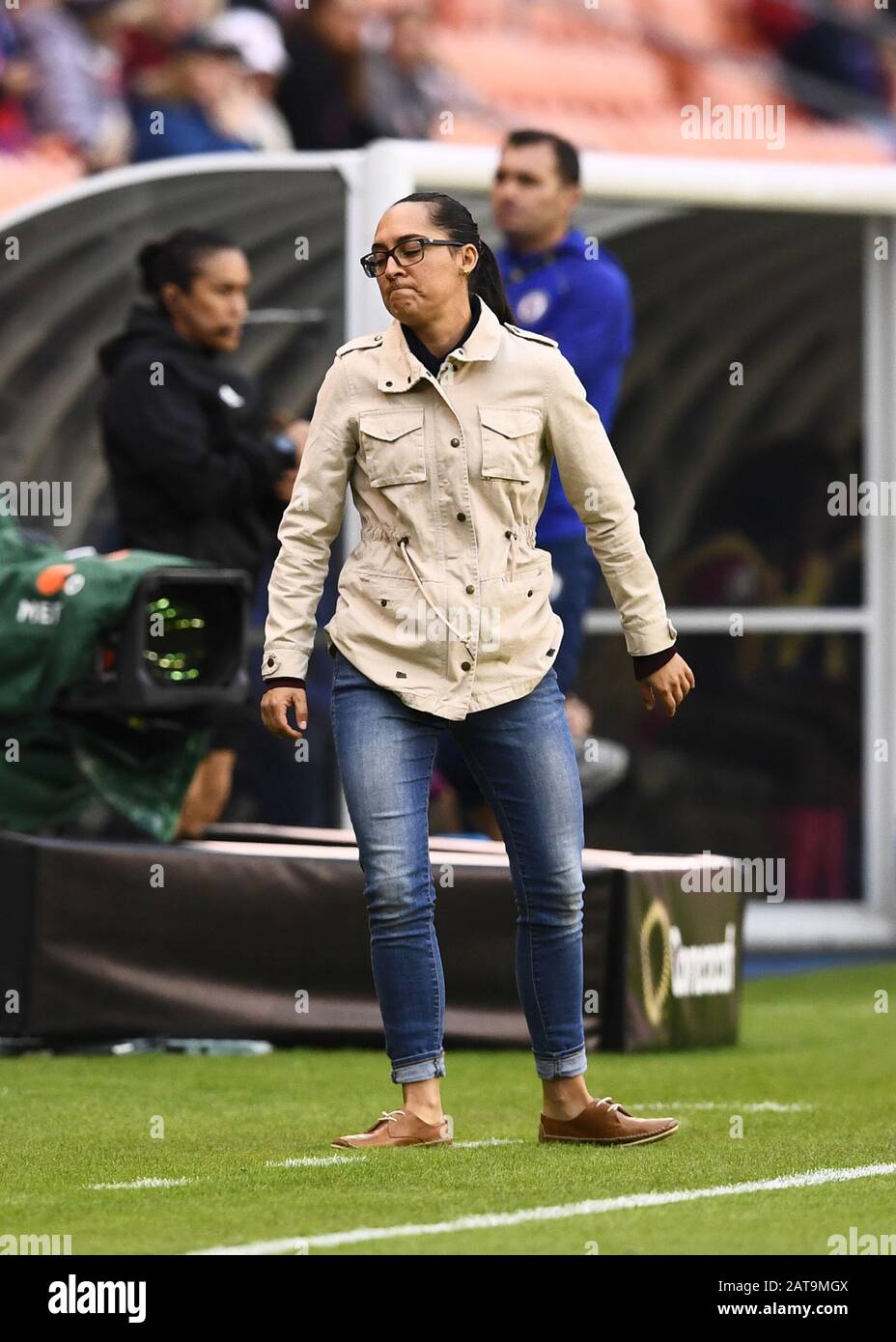 Houston, Texas, USA. 31st Jan, 2020. Costa Rica Women's Olympic head coach Amelia  Valverde reacts to a call in the first half during the CONCACAF Group A  Women's Olympic Qualifying match against