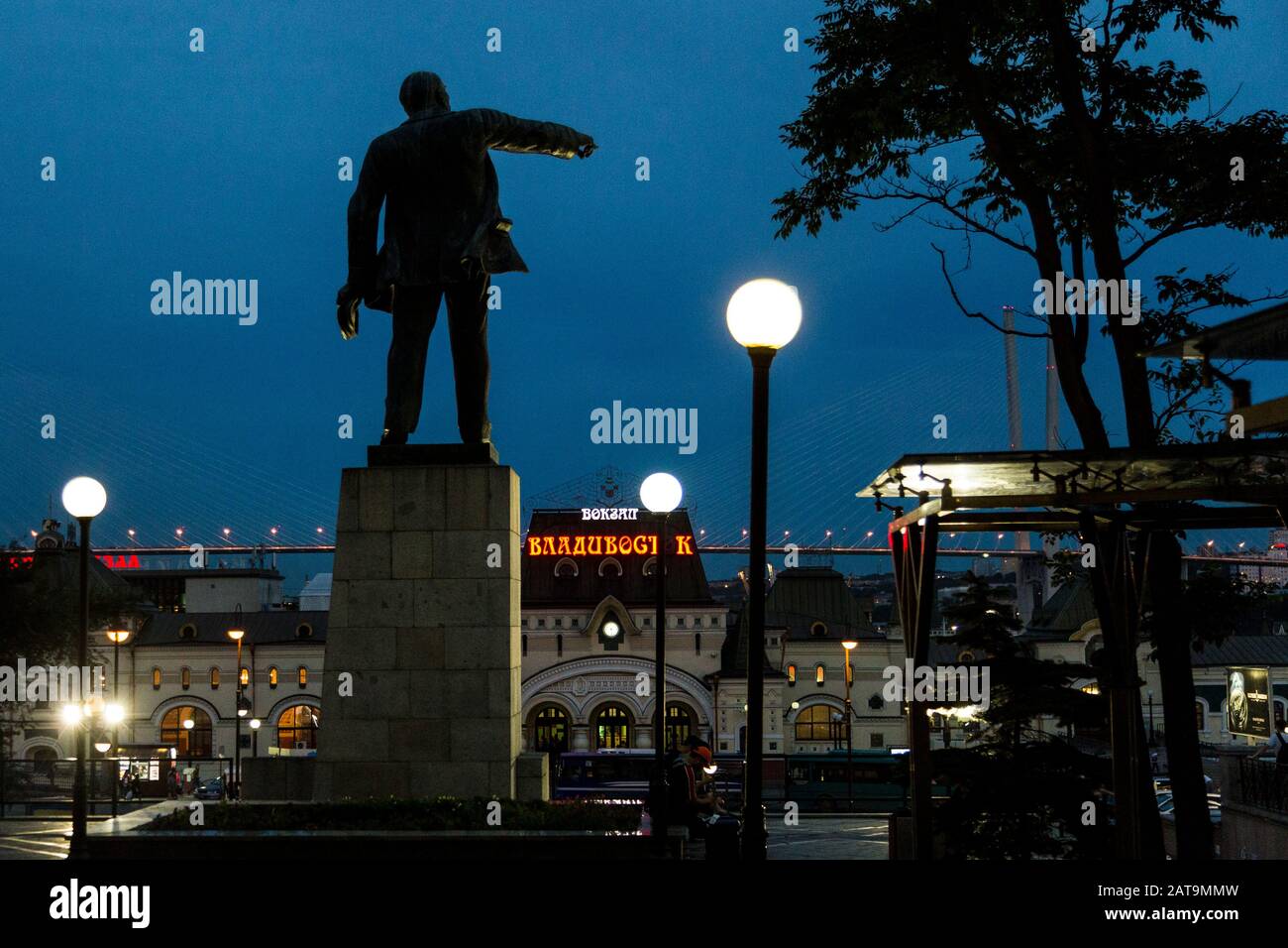 Bronze communist sculpture of Lenin outside Trans-Siberian train station in Vladivostok at the end of the journey Stock Photo