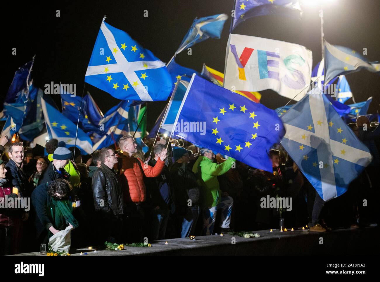 Pro-European supporters outside the Scottish Parliament in Edinburgh, after the UK left the European Union on Friday, ending 47 years of close and sometimes uncomfortable ties to Brussels. Stock Photo