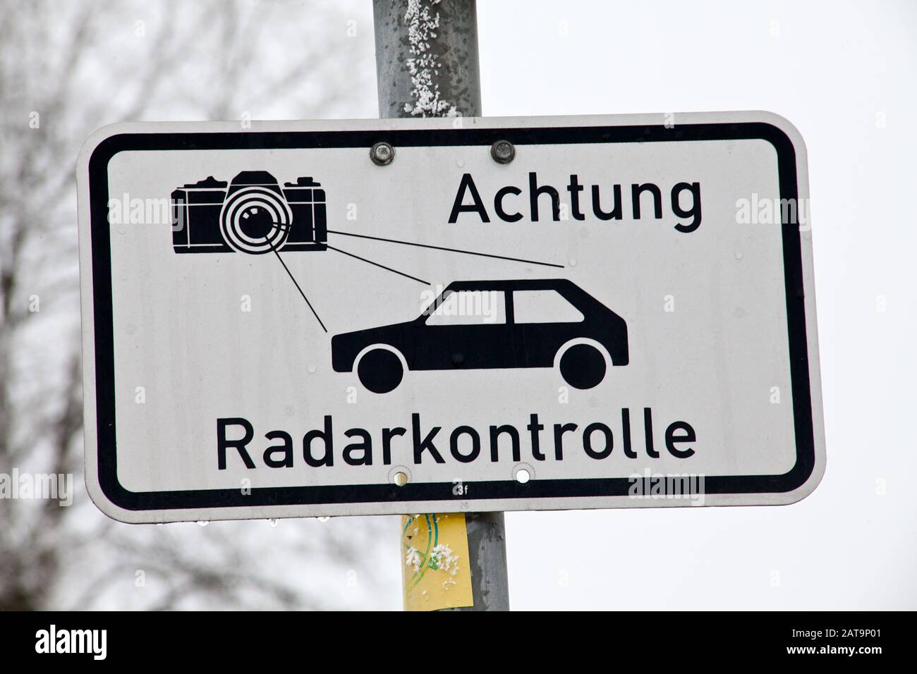 german language radar control sign warning car drivers about speed control. Text Translation 'Attention Radar control' Stock Photo