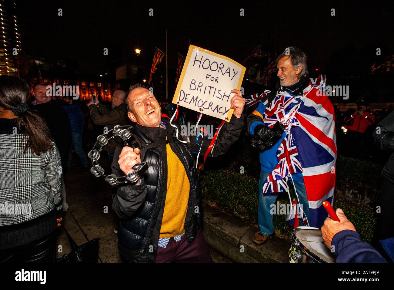 London, UK. 31st Jan, 2020. Brexit supporters celebrate Great Britain leaving the European Union at 11pm in Parliament Square, London. The event has been organised by the cross party group ‘leave means leave'. Credit: Grant Rooney/Alamy Live News Stock Photo