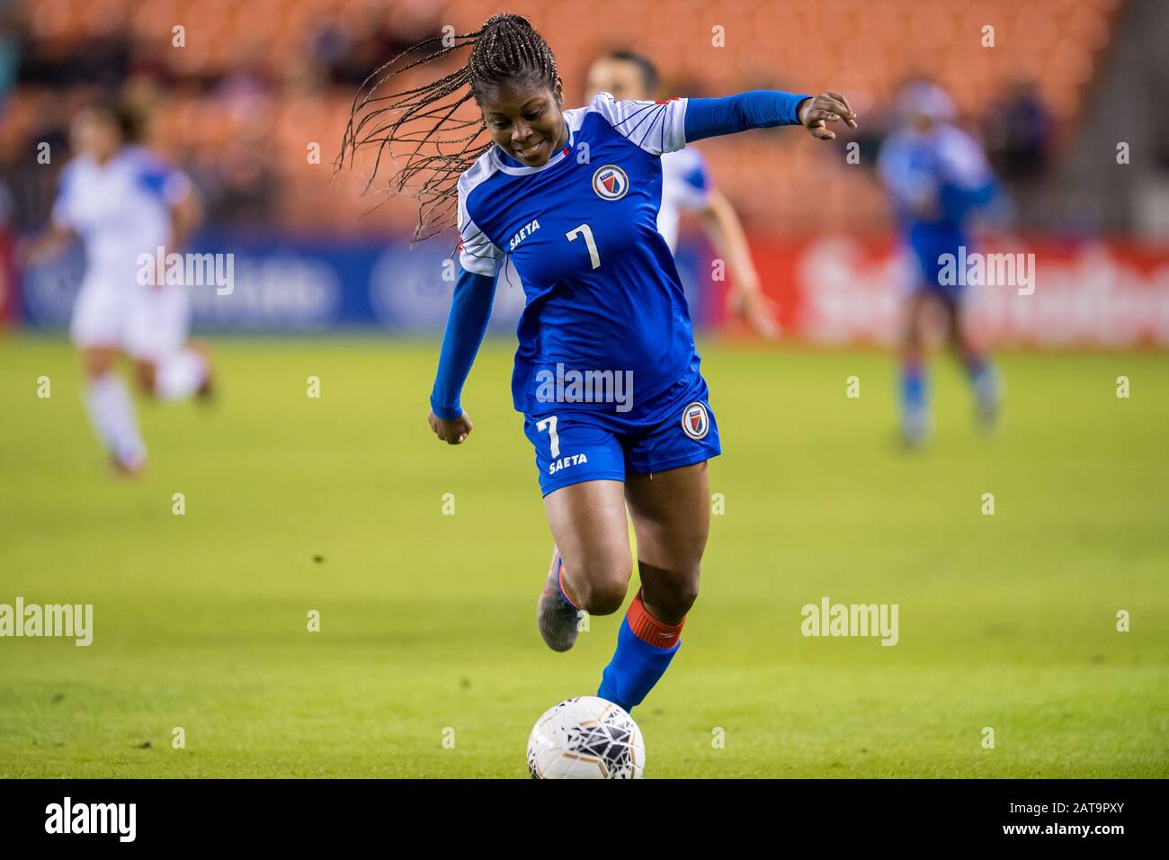 Houston, TX, USA. 31st Jan, 2020. Haiti forward Batcheba Louis (7) controls the ball during the 2nd half of a CONCACAF Olympic Qualifying soccer match between Haiti and Costa Rica at BBVA Stadium in Houston, TX. Costa Rica won the game 2 to 0.Trask Smith/CSM/Alamy Live News Stock Photo
