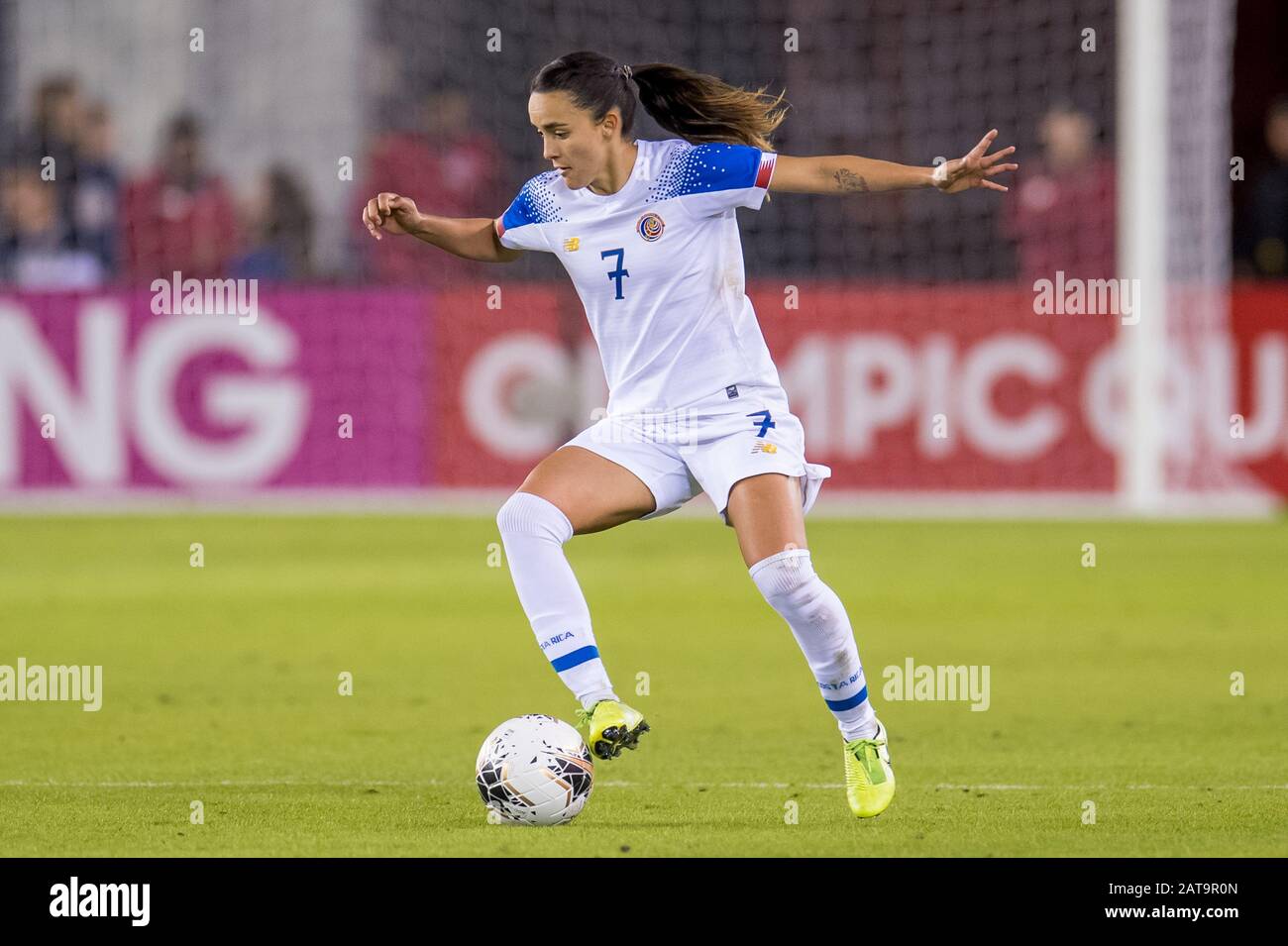 Houston, TX, USA. 31st Jan, 2020. Costa Rica forward Melissa Herrera (7) controls the ball during the 2nd half of a CONCACAF Olympic Qualifying soccer match between Haiti and Costa Rica at BBVA Stadium in Houston, TX. Costa Rica won the game 2 to 0.Trask Smith/CSM/Alamy Live News Stock Photo