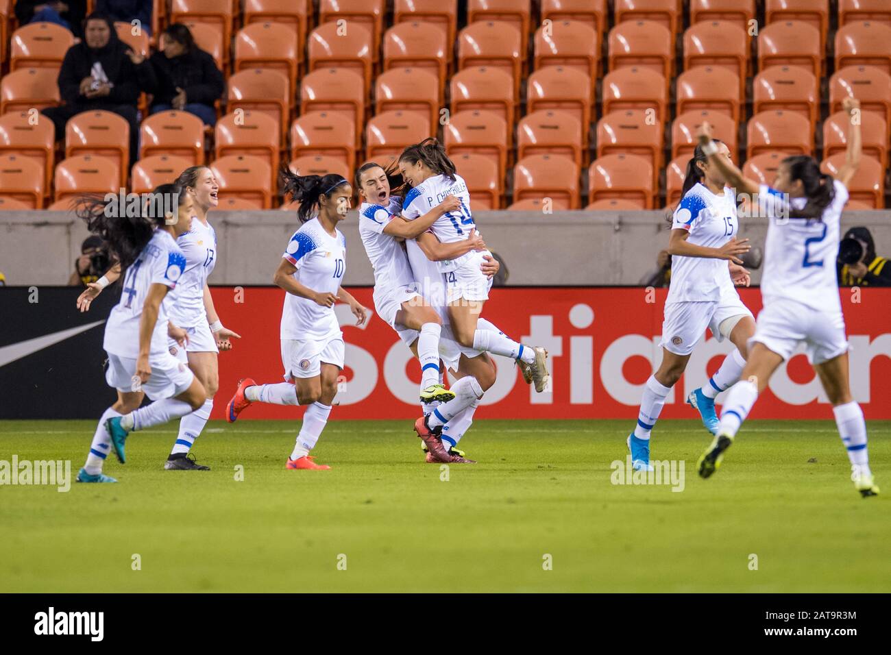 Houston, TX, USA. 31st Jan, 2020. Costa Rica celebrates a goal by midfielder Raquel Rodriguez during the 2nd half of a CONCACAF Olympic Qualifying soccer match between Haiti and Costa Rica at BBVA Stadium in Houston, TX. Costa Rica won the game 2 to 0.Trask Smith/CSM/Alamy Live News Stock Photo