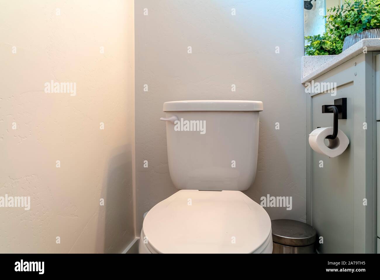 Toilet trash can and with tissue holder against white wall of bathroom Stock Photo Alamy