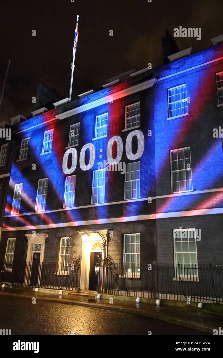 London, UK. 31st Jan, 2020. Downing Street is illuminated the moment Brexit happened. Credit: Uwe Deffner/Alamy Live News Stock Photo