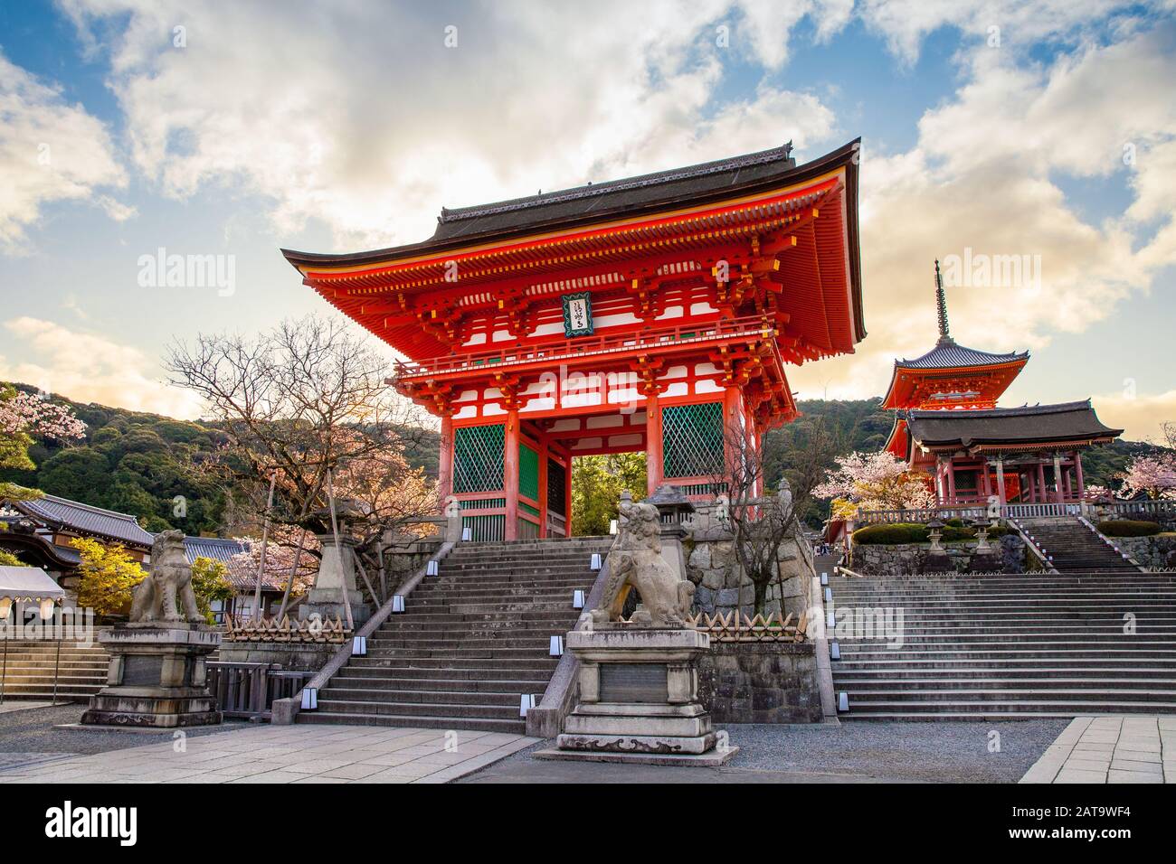 deva gate of Kiyomizu-dera in kyoto, Japan (The foreign text is mean Kiyomizu-dera in English) Stock Photo