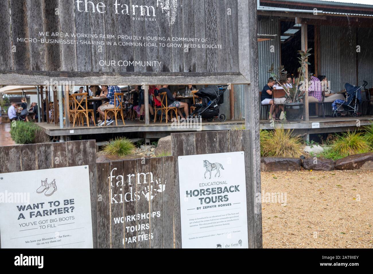 The Farm at Byron Bay in Ewingsdale is a community working farm open to the public to use the paddocks and eat in the cafes, Australia Stock Photo