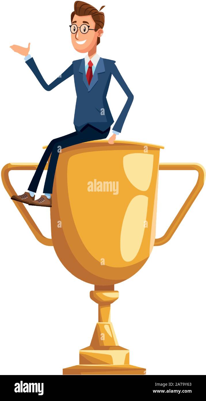 cartoon businessman sitting on big trophy, colorful design Stock Vector