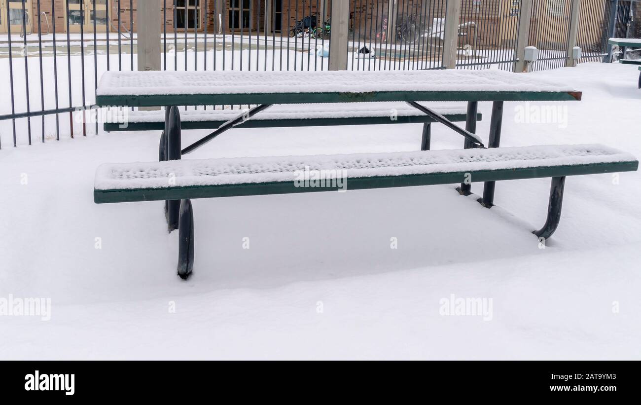 Panorama Cold Winter Day At A Park With Picnic Tables And Benches