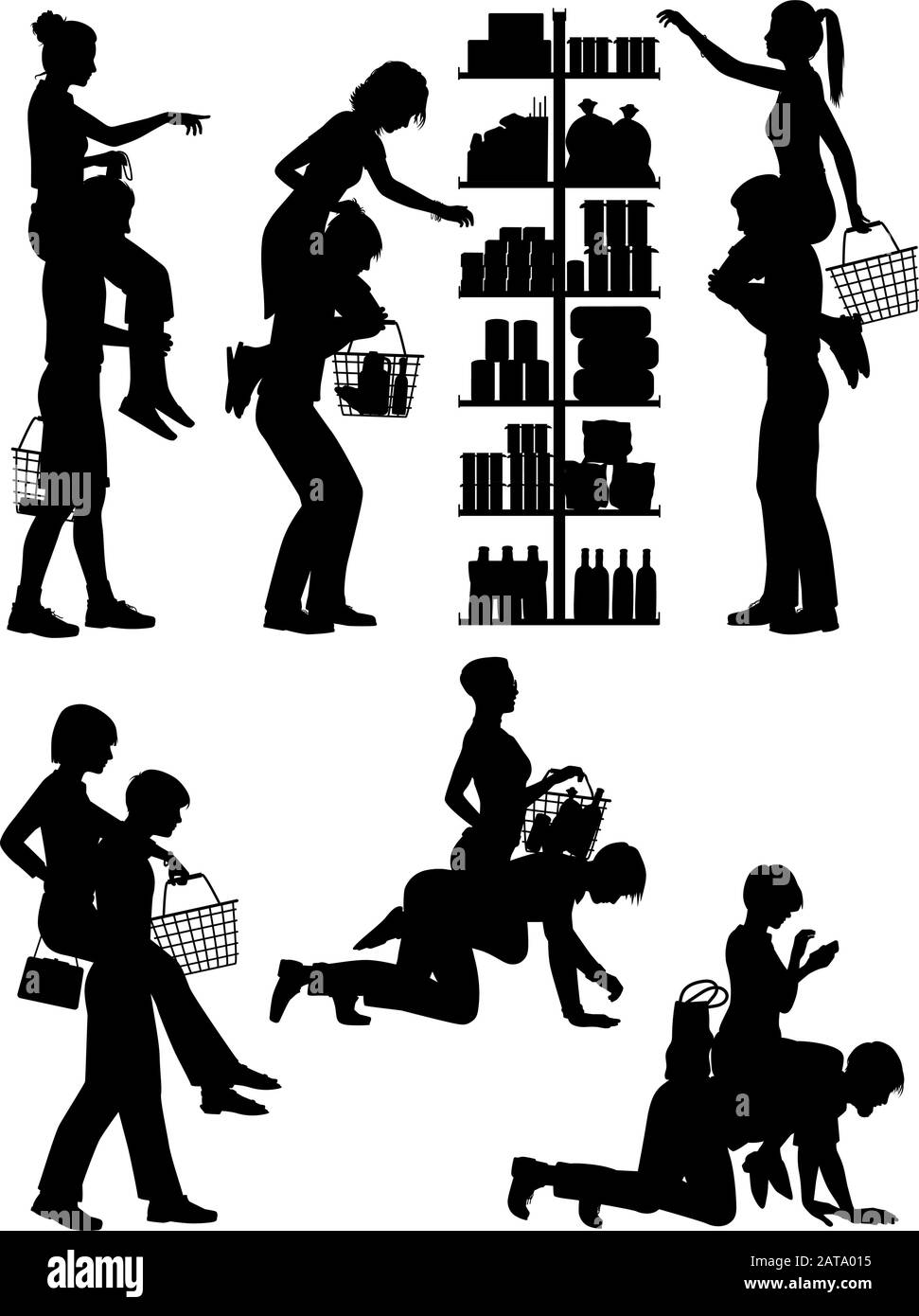 Set of editable vector silhouettes of men carrying their female partner whilst shopping as a cliche of the male attitude of shopping with women being Stock Vector