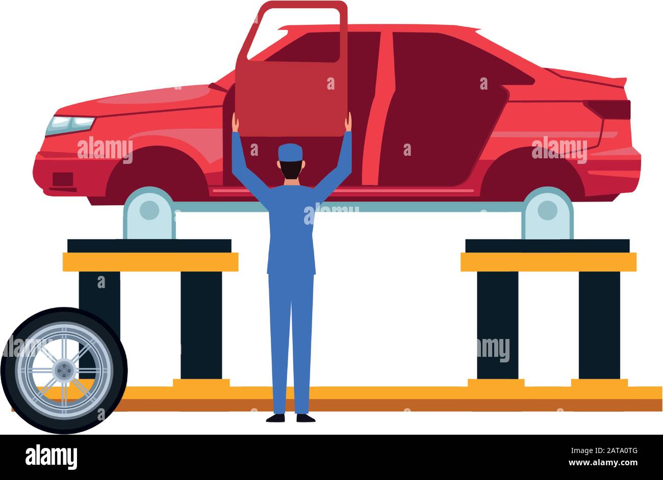 car repair service design with mechanic working at car body on lift