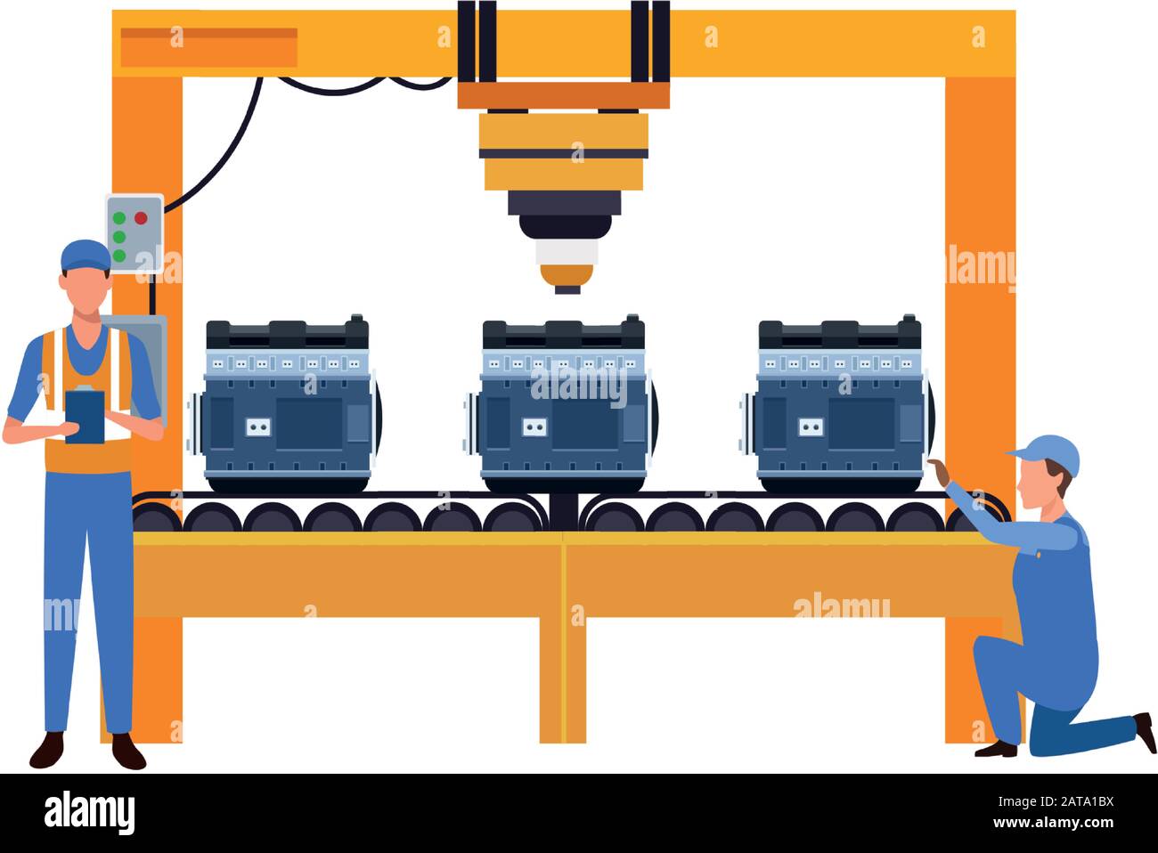 car repair design of machine with car engines and mechanics working
