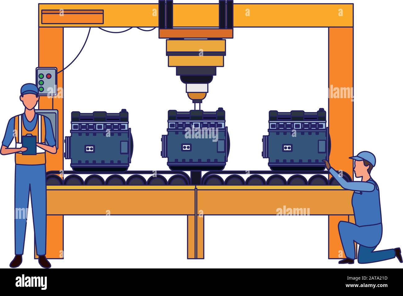 car repair design of machine with car engines and mechanics working