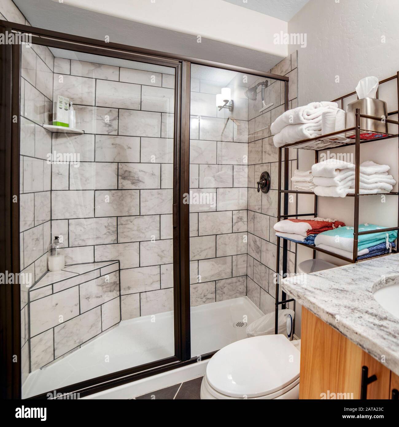 Square Frame Bathroom Interior With Black And White Tile Wall And