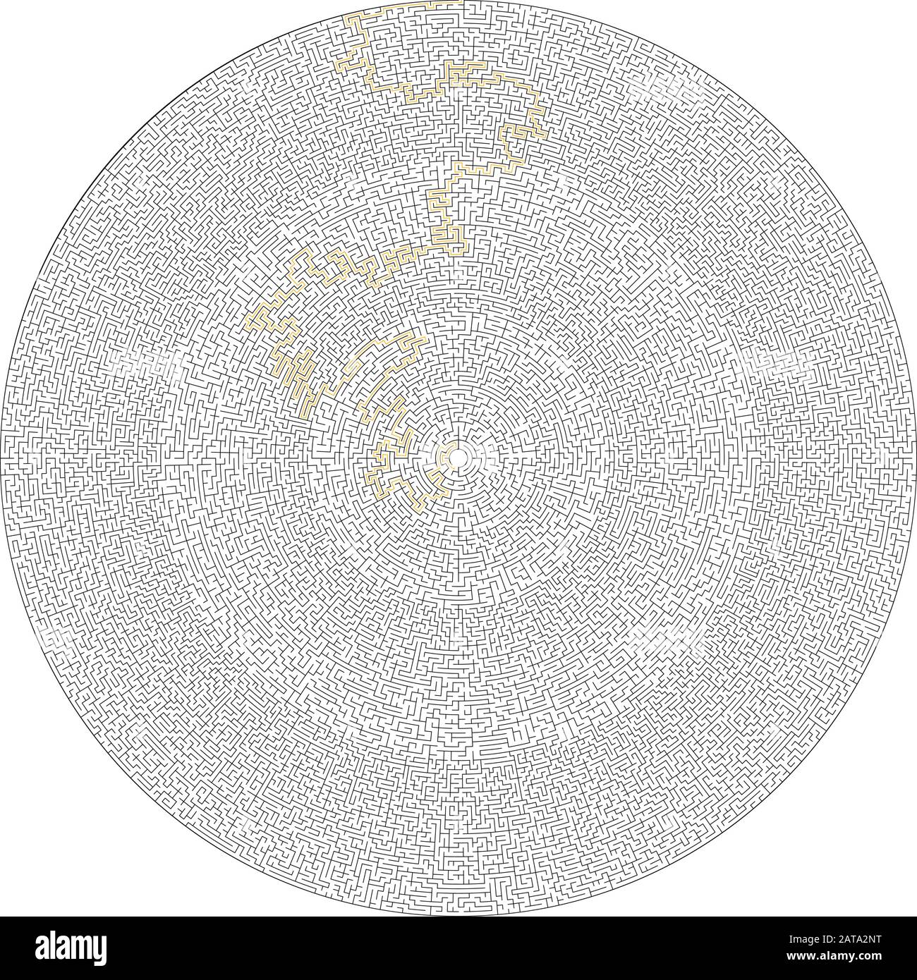 Difficult Vector Black and White Round Maze for Children with Solution - Circle Solved Puzzle Stock Vector
