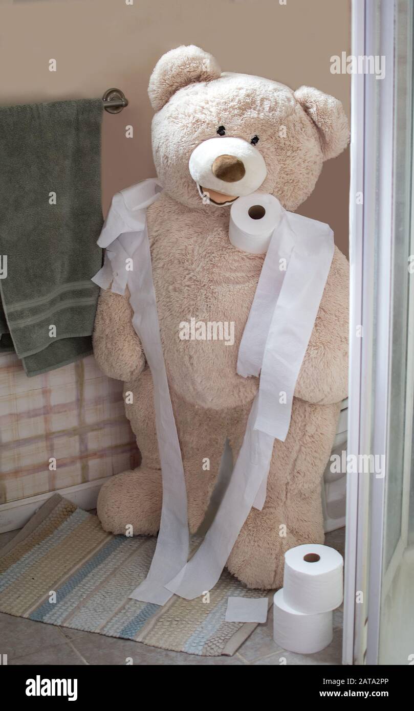 large stuffed teddy bear in the bathroom with toilet paper Stock Photo