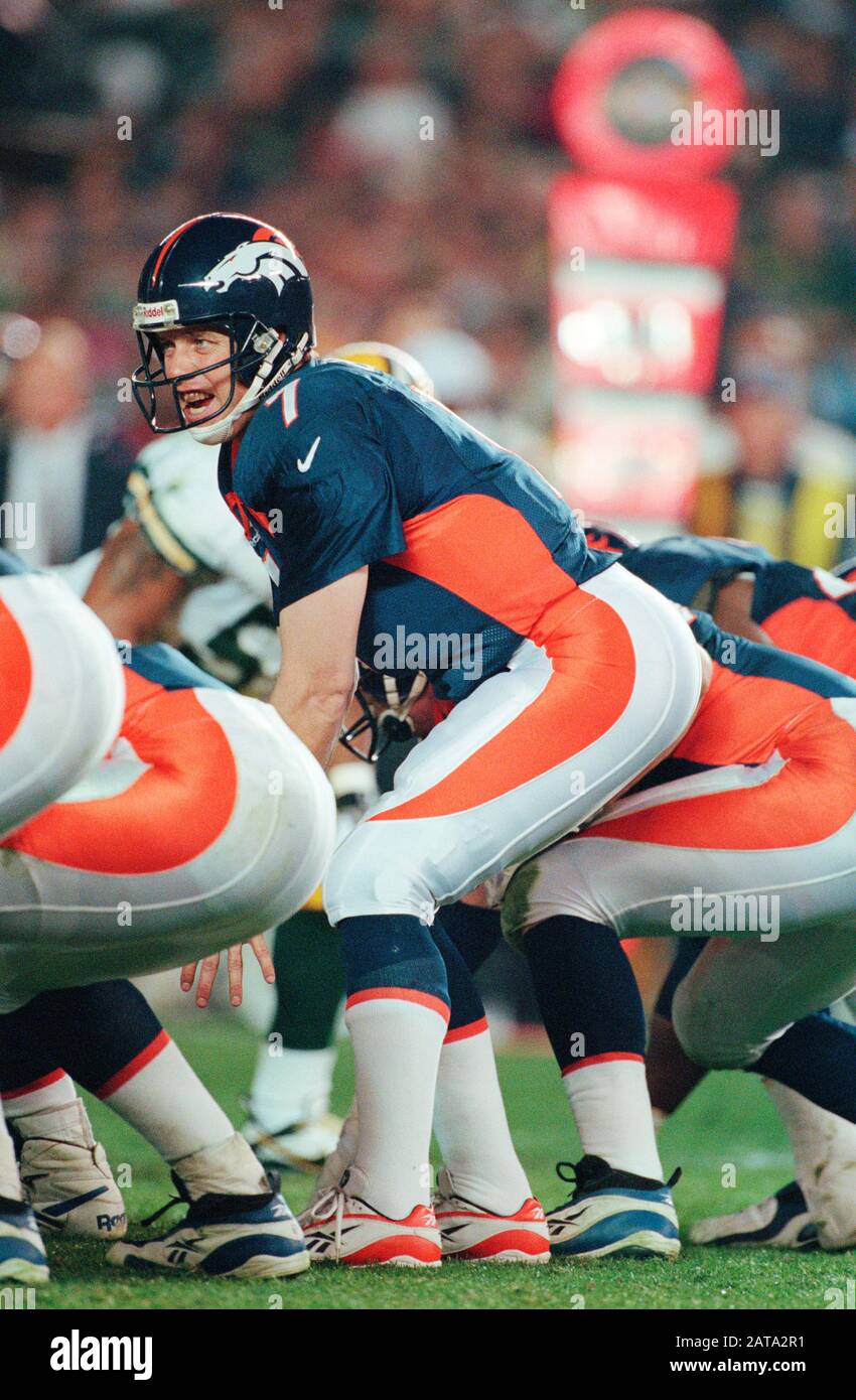 John Elway of the Denver Broncos during Super Bowl XXXII on 1/25