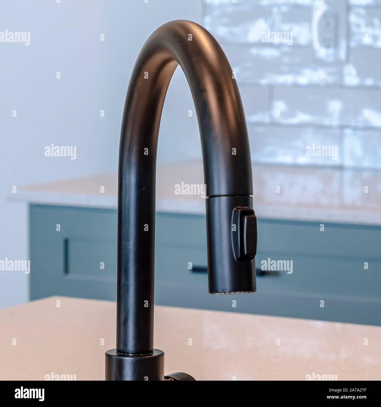 Photo Square Black Faucet And Stainless Steel Double Basin Sink On
