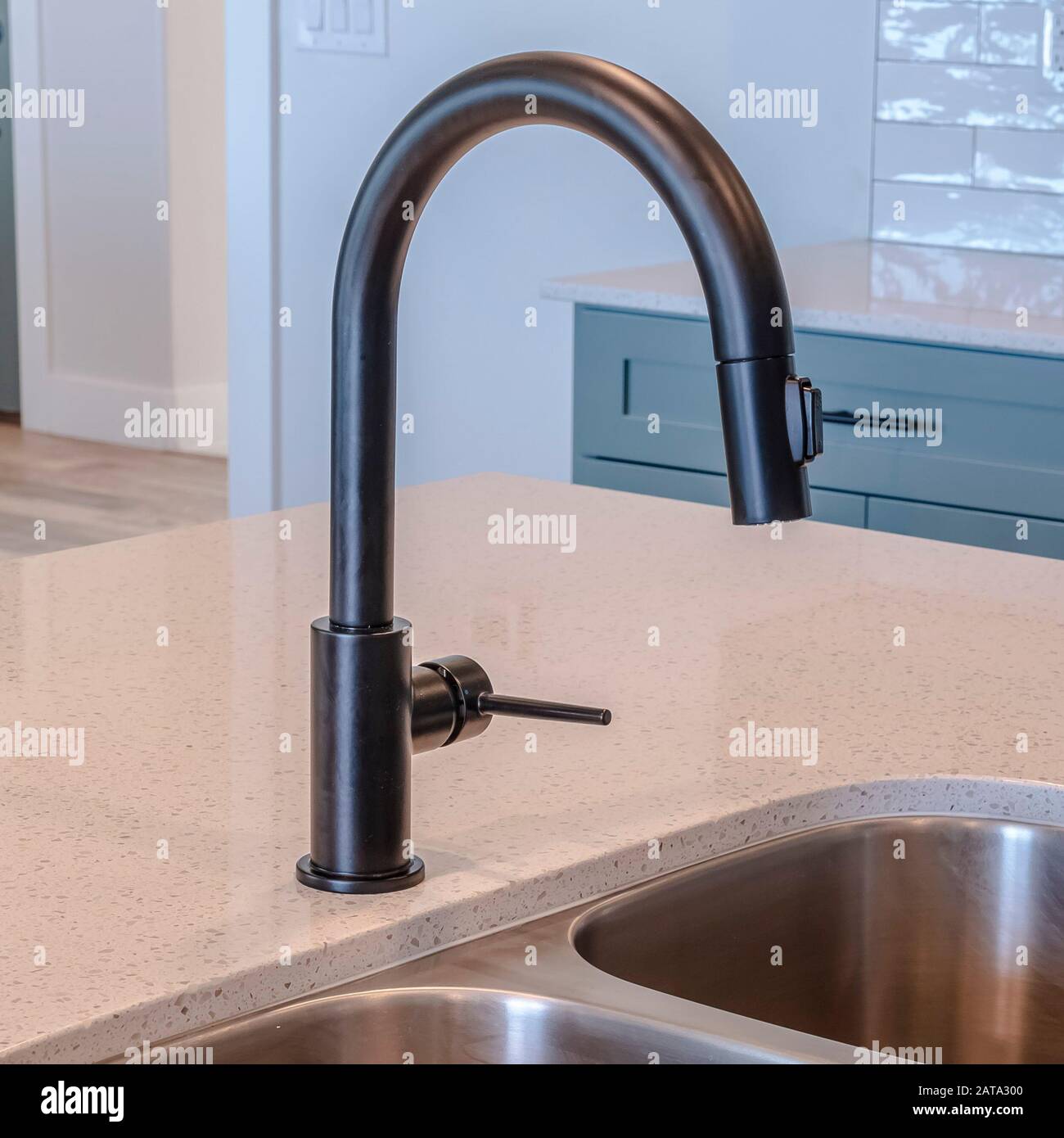 Square Black Faucet And Stainless Steel Double Basin Sink On