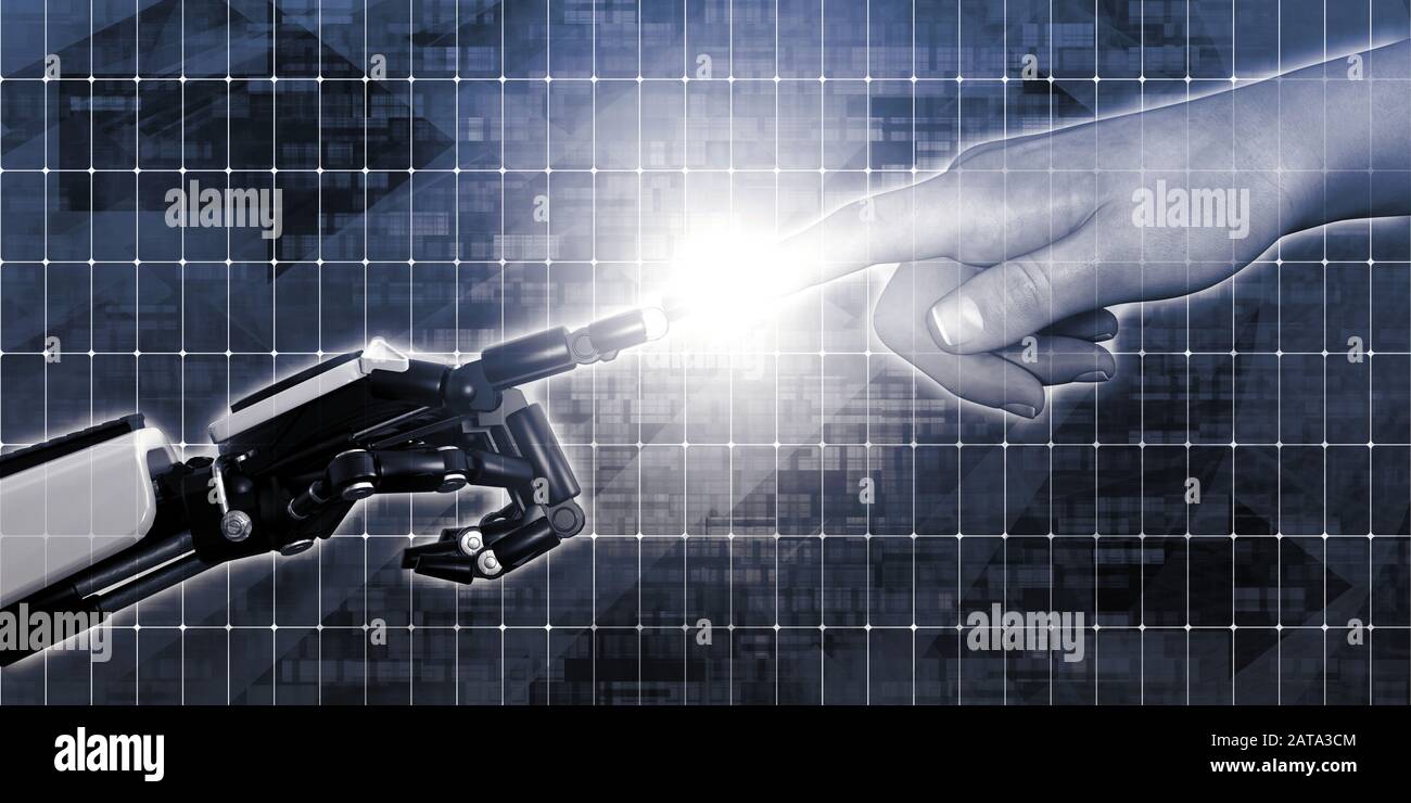 Robot and Human Finger Touching as a Digital Age Concept Stock Photo