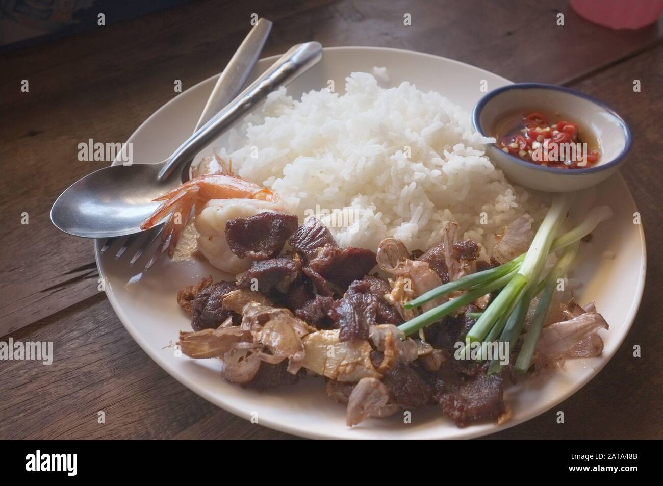 Deep fried beef and shrimp with garlic Stock Photo