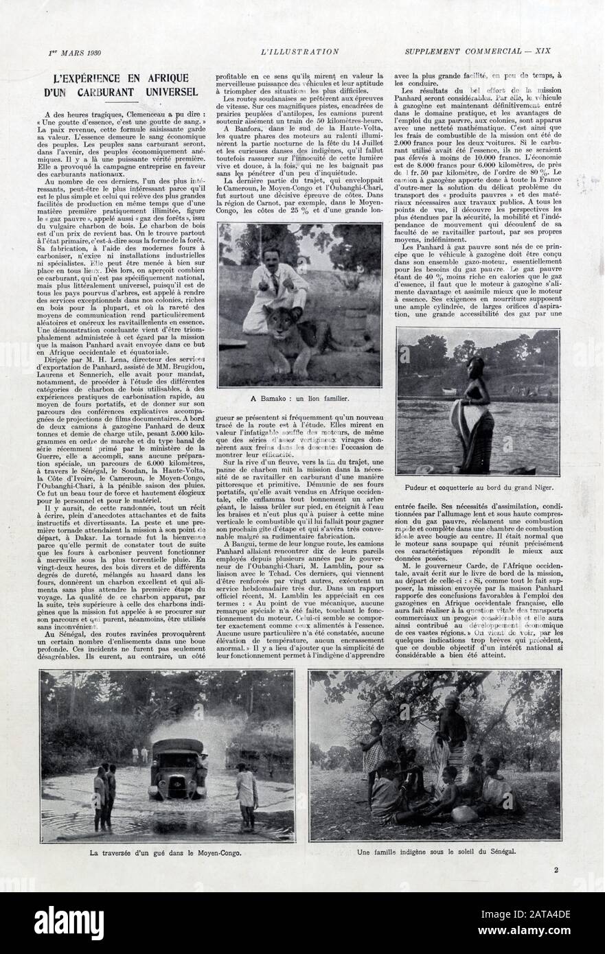 L'expérience en Afrique d'un carburant universel. L'illustration 1er mars 1930. Stock Photo